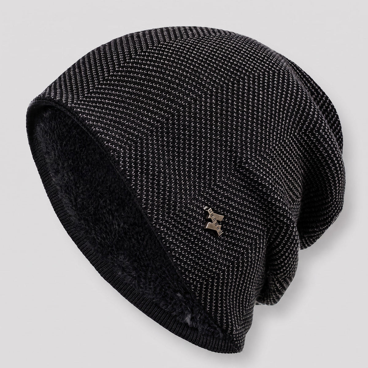 Edmund - Men's Fleece-Lined Slouchy Beanie with Herringbone Knit - Beanies - Black - Sarvento