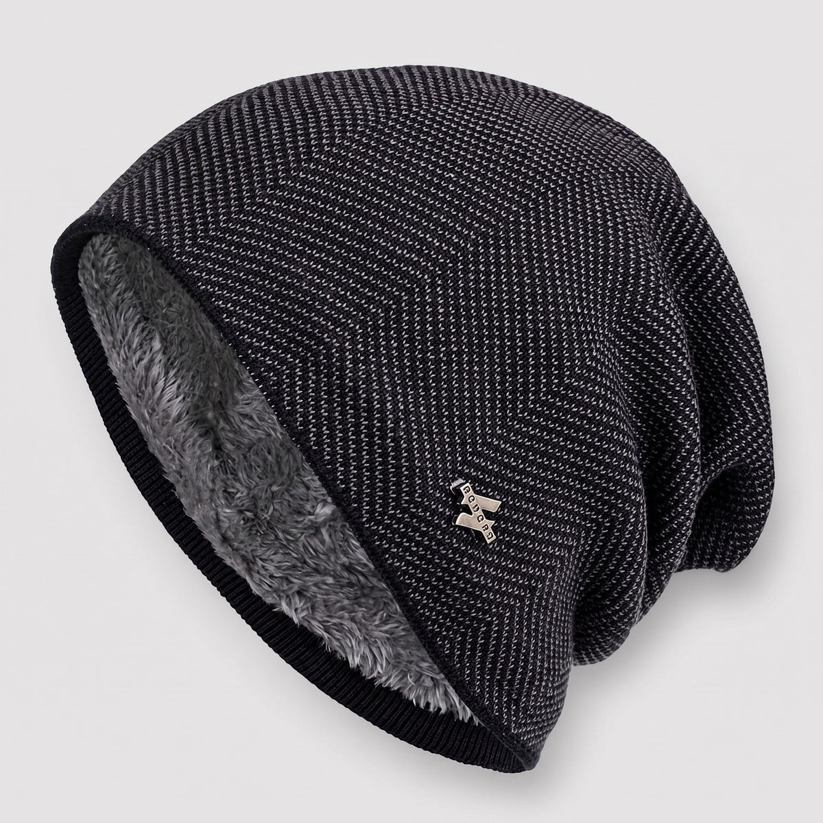 Edmund - Men's Fleece-Lined Slouchy Beanie with Herringbone Knit - Beanies - Brown - Sarvento