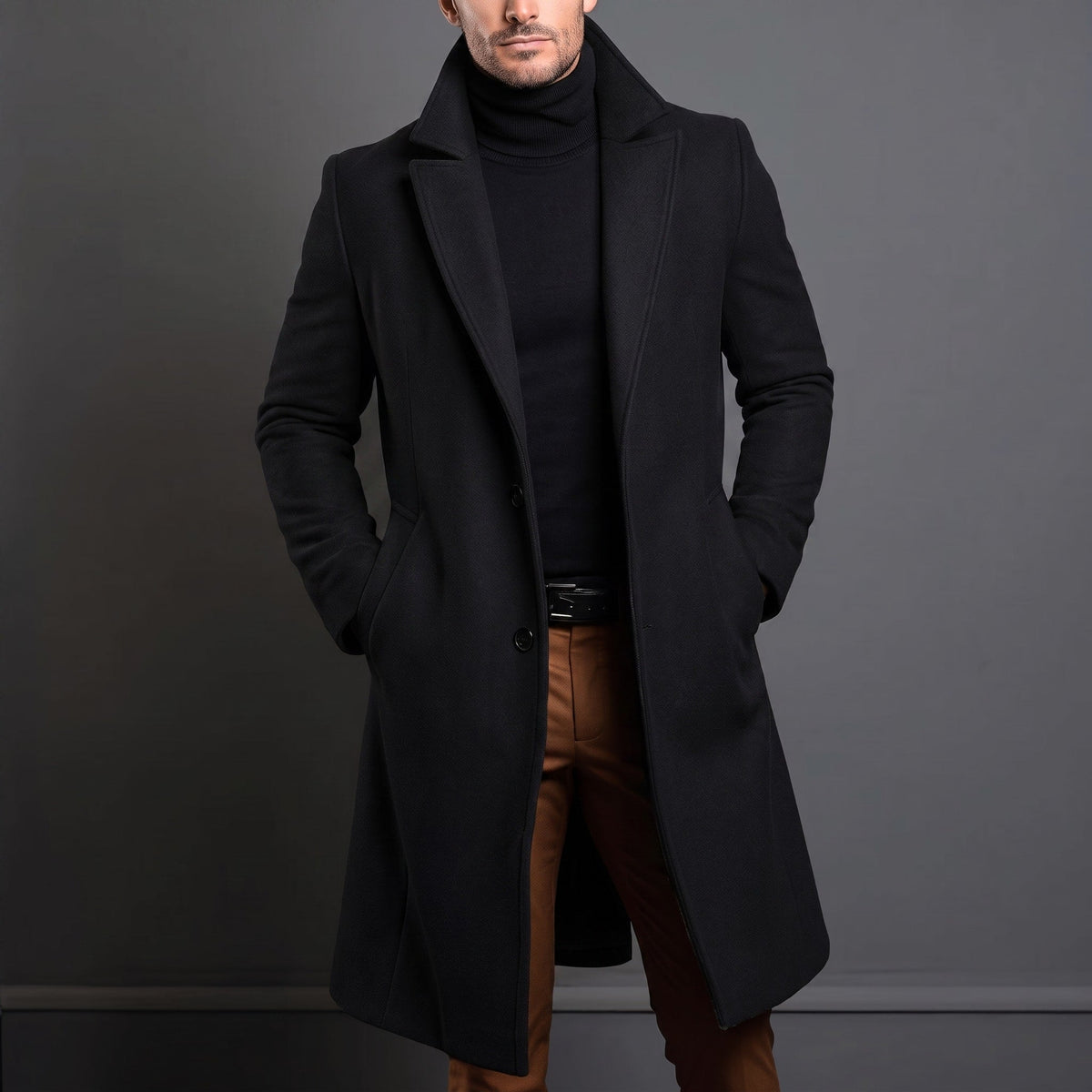 Edson - Men's Tailored Longline Wool-Look Overcoat with Notch Lapel - Overcoats - Black - Parker&Brooks
