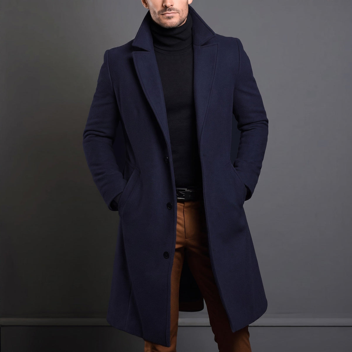 Edson - Men's Tailored Longline Wool-Look Overcoat with Notch Lapel - Overcoats - Navy Blue - Parker&Brooks