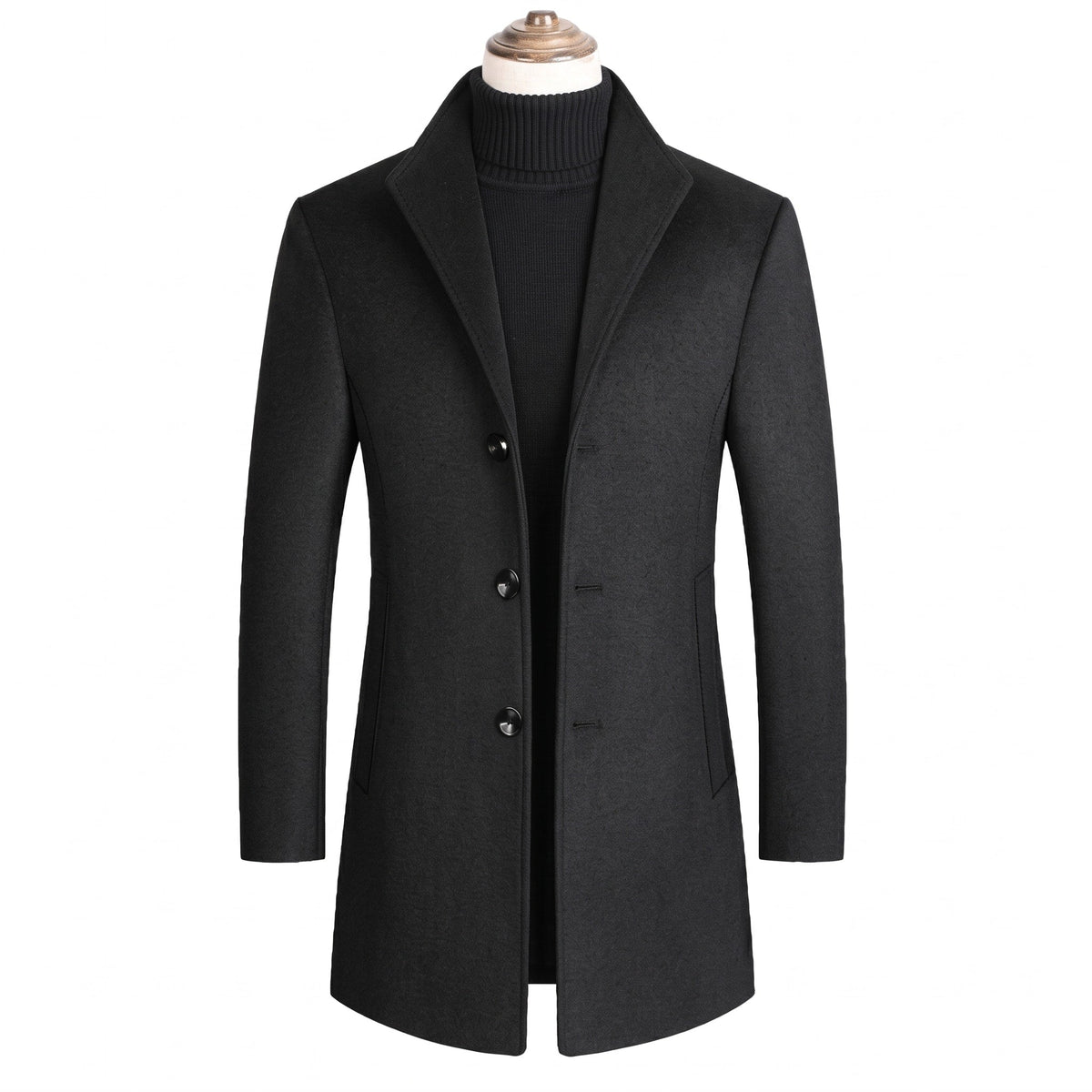 Edward - Men's Classic Tailored Single-Breasted Overcoat with Notch Lapel - Overcoats - Black - Sarvento