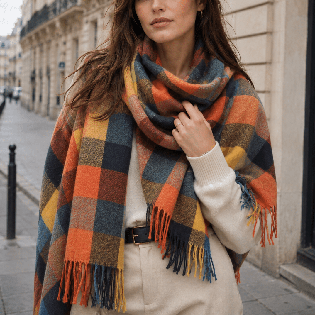 Eleanor – Women’s Fringed Tartan Plaid Blanket Scarf - Scarves & Shawls - Orange - Sarvento