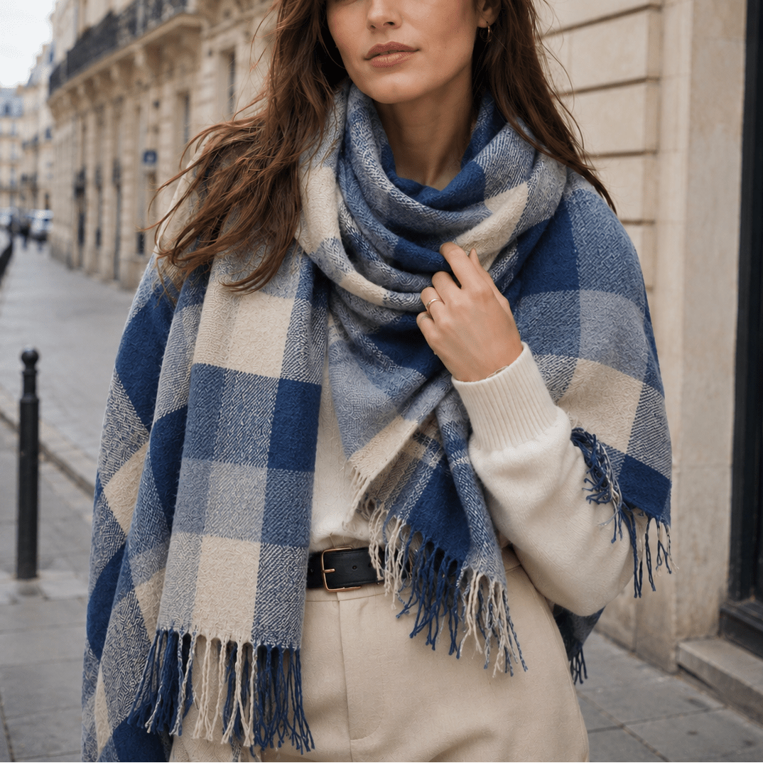 Eleanor – Women’s Fringed Tartan Plaid Blanket Scarf - Scarves & Shawls - Blue - Sarvento