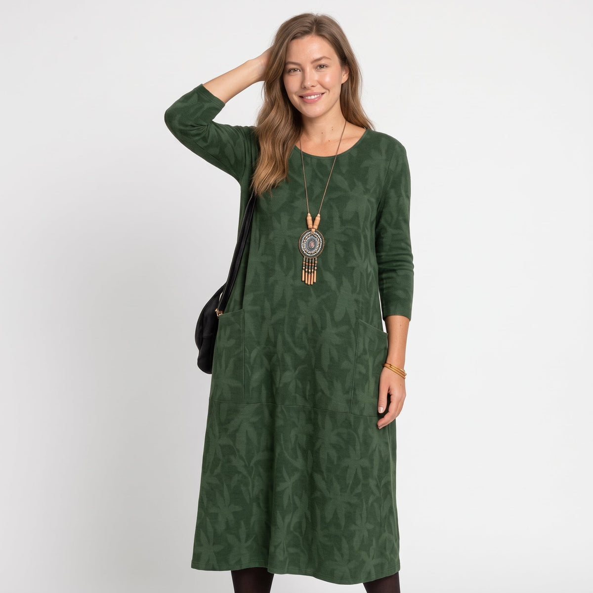 Leah - Women's Long Sleeve Pocket Midi Dress with Leaf Print
