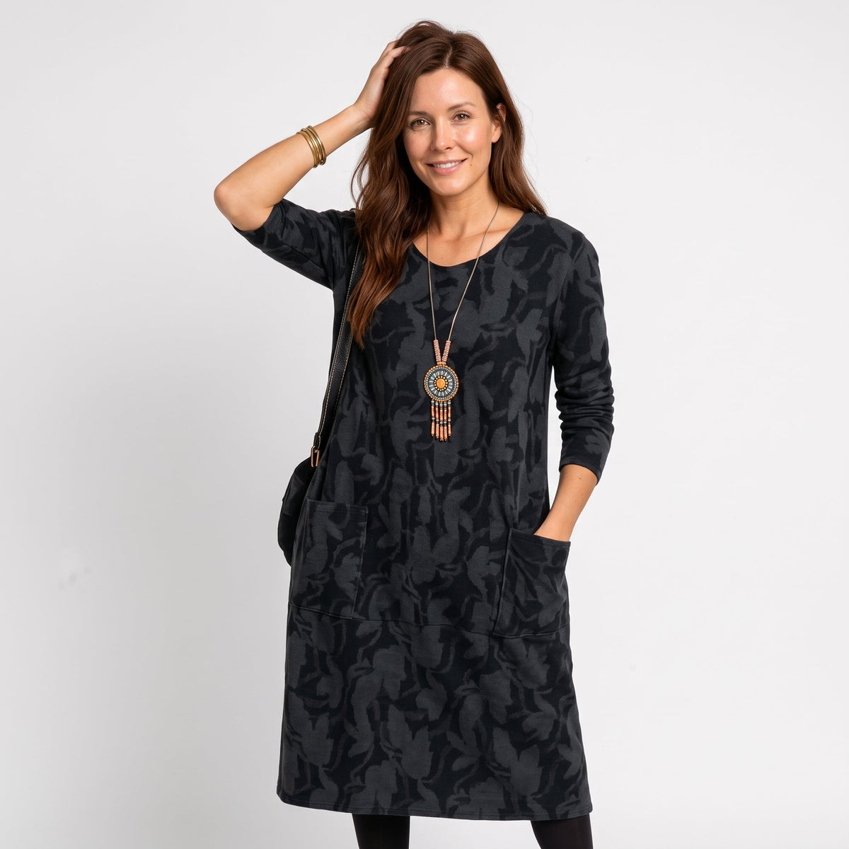 Leah - Women's Long Sleeve Pocket Midi Dress with Leaf Print