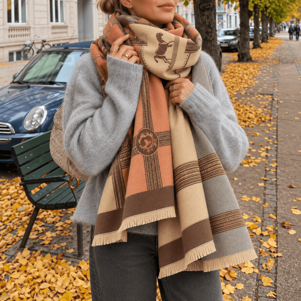 Eleanor – Women’s Oversized Striped Border Winter Scarf with Fringe Trim - Scarves & Shawls - Pink - Sarvento