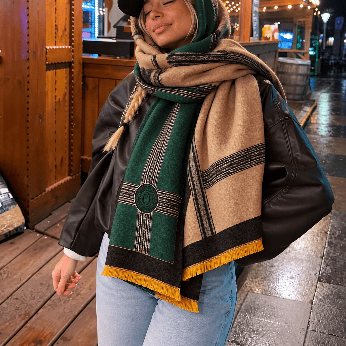 Eleanor – Women’s Oversized Striped Border Winter Scarf with Fringe Trim - Scarves & Shawls - Green - Sarvento