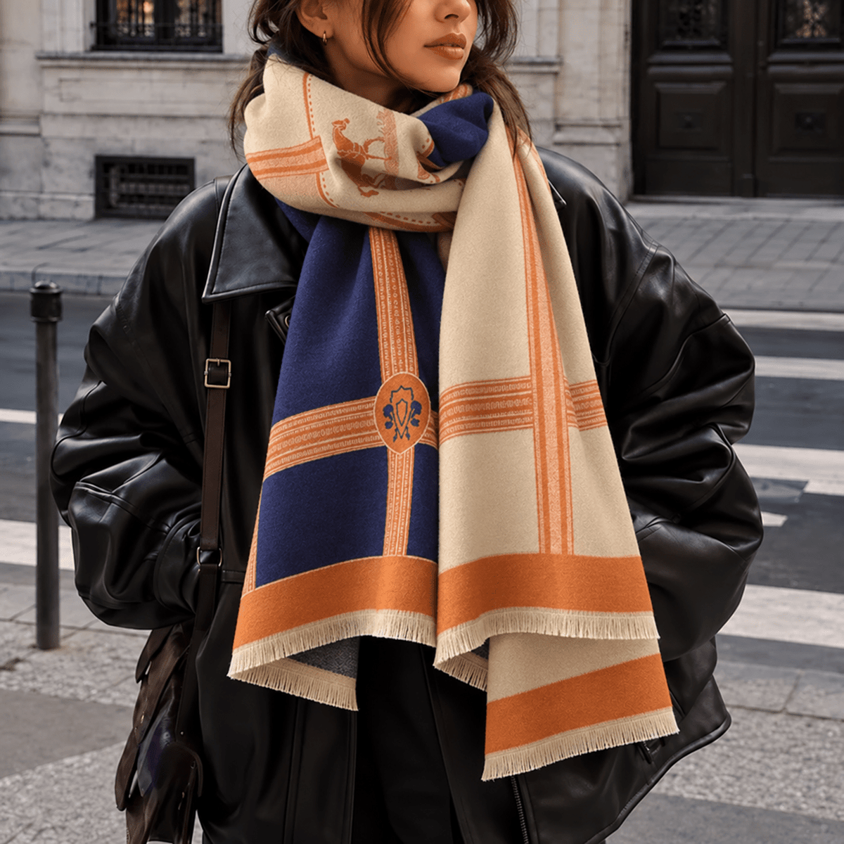 Eleanor – Women’s Oversized Striped Border Winter Scarf with Fringe Trim - Scarves & Shawls - Navy Blue - Sarvento