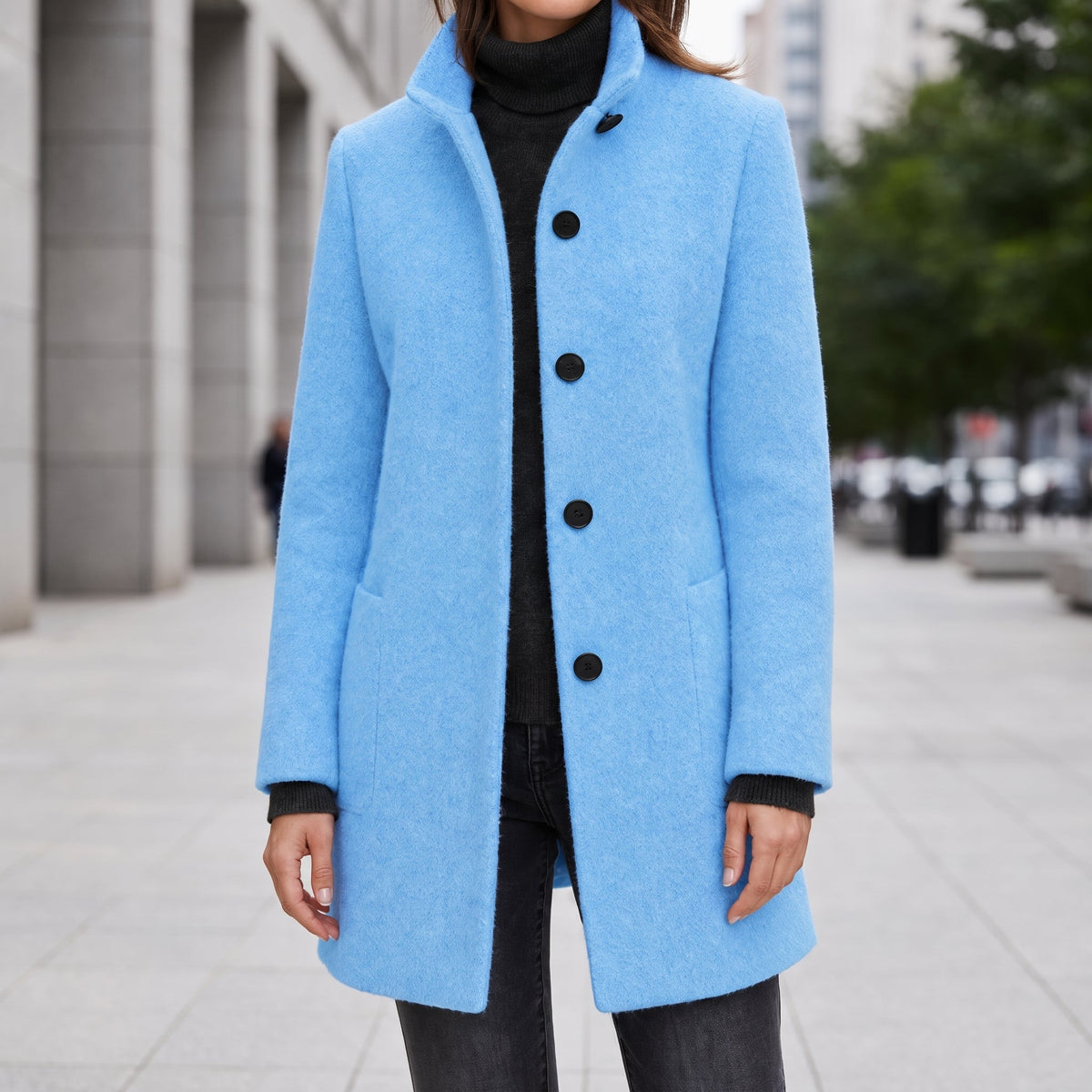 Eleanor - Women's Stand Collar Button-Front Midi Coat with Patch Pockets - Overcoats - Light Blue - Sarvento