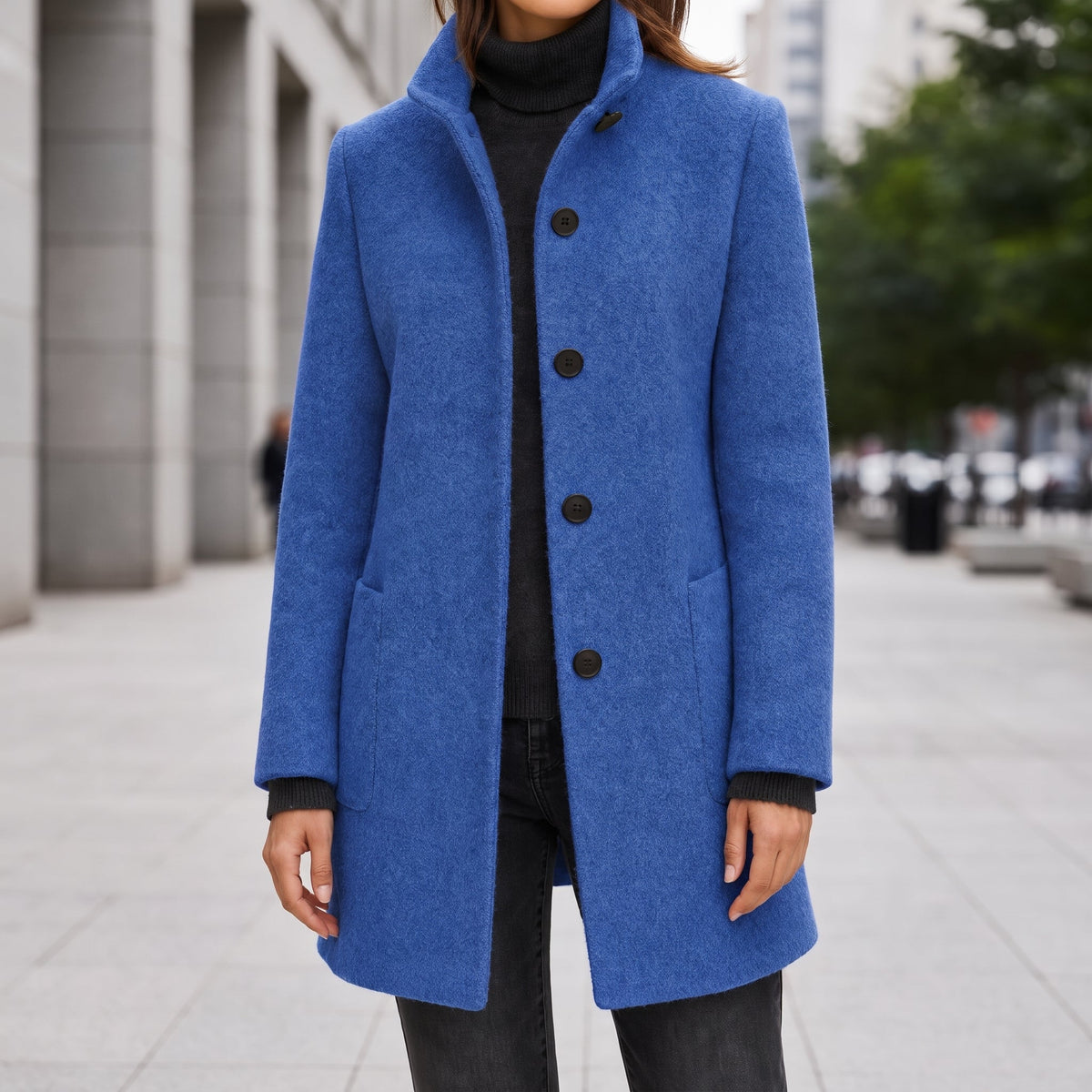 Eleanor - Women's Stand Collar Button-Front Midi Coat with Patch Pockets - Overcoats - Blue - Sarvento
