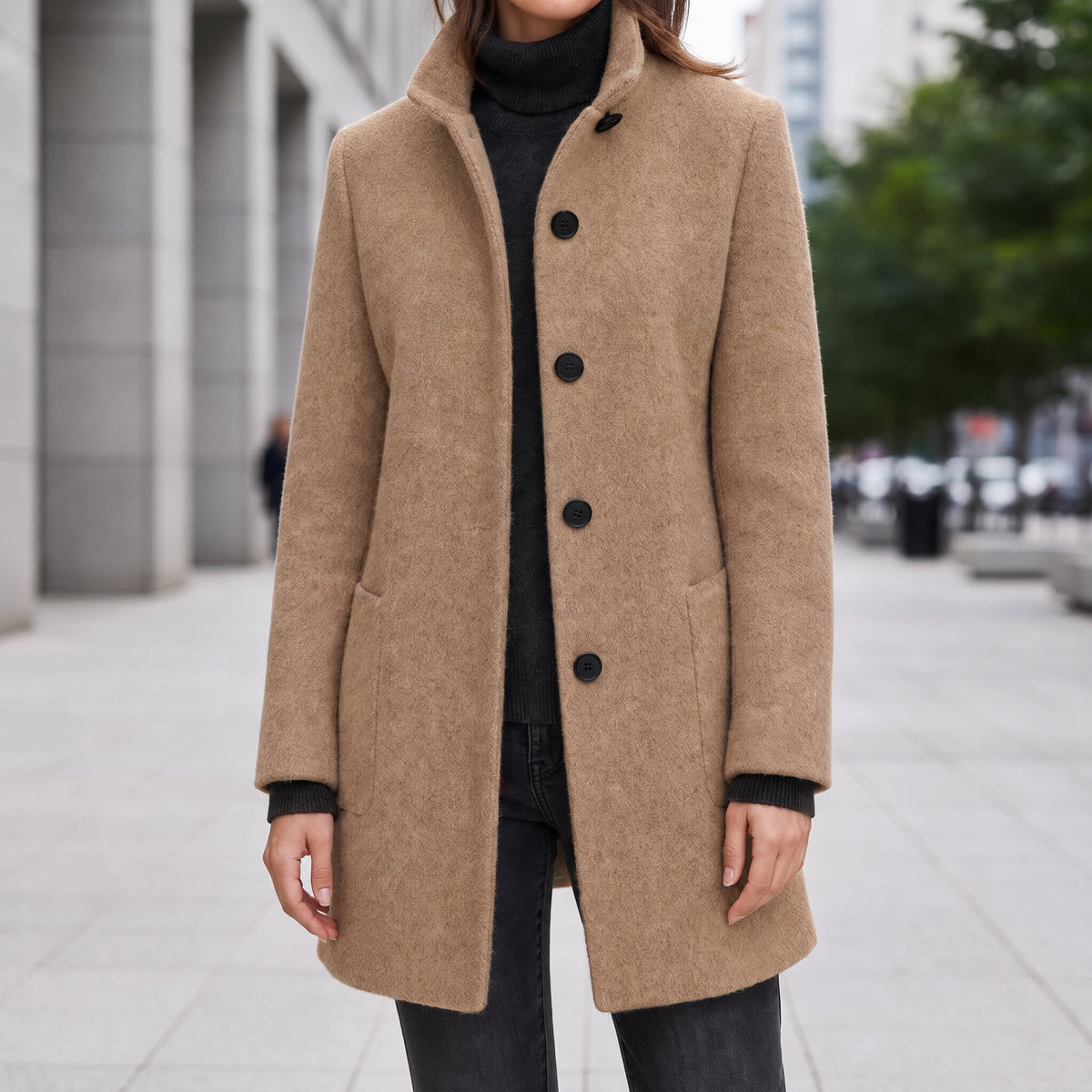 Eleanor - Women's Stand Collar Button-Front Midi Coat with Patch Pockets - Overcoats - Camel - Sarvento