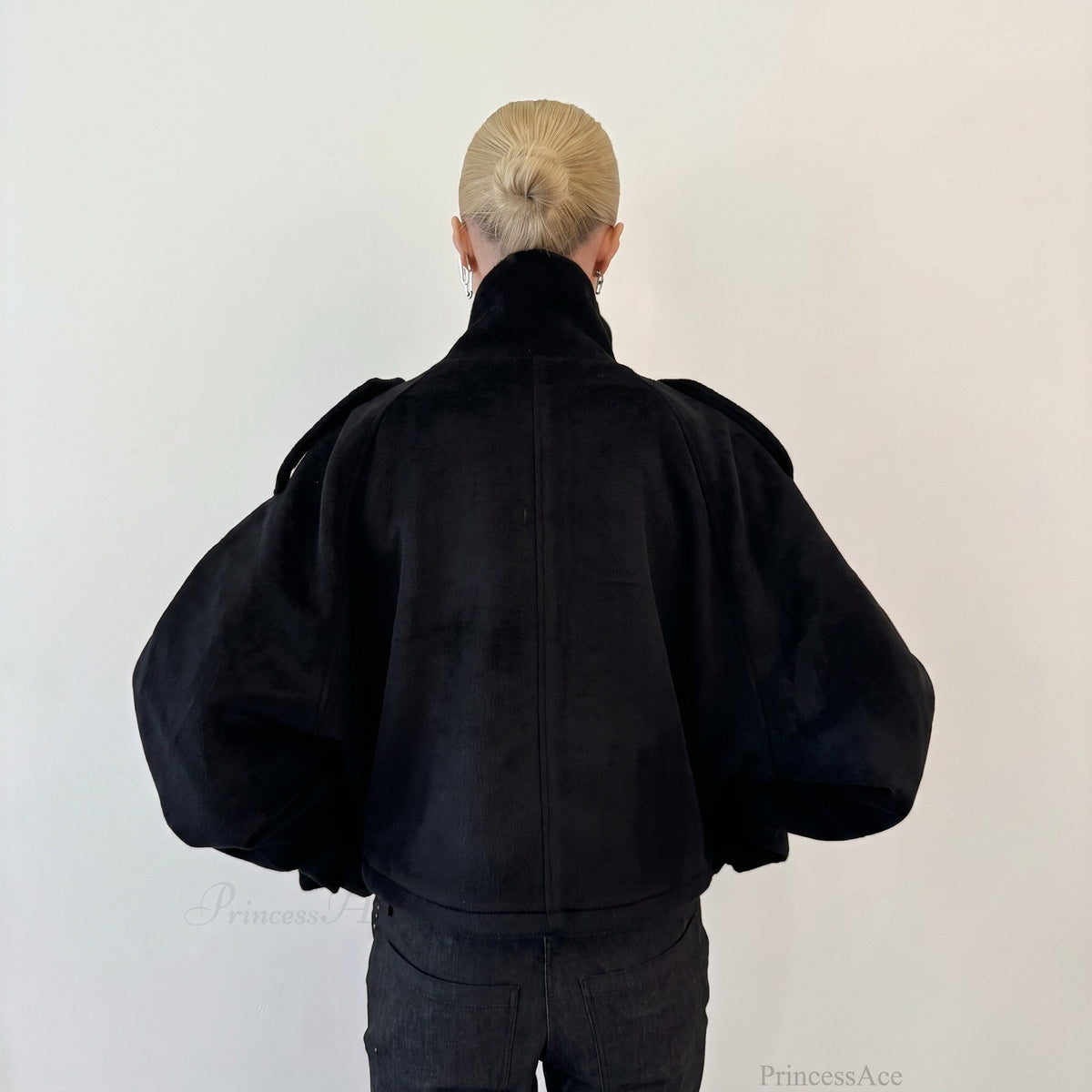 Elena - Women's Oversized Wool Look Jacket with Stand Collar - Coats & Jackets - Black - Parker&Brooks