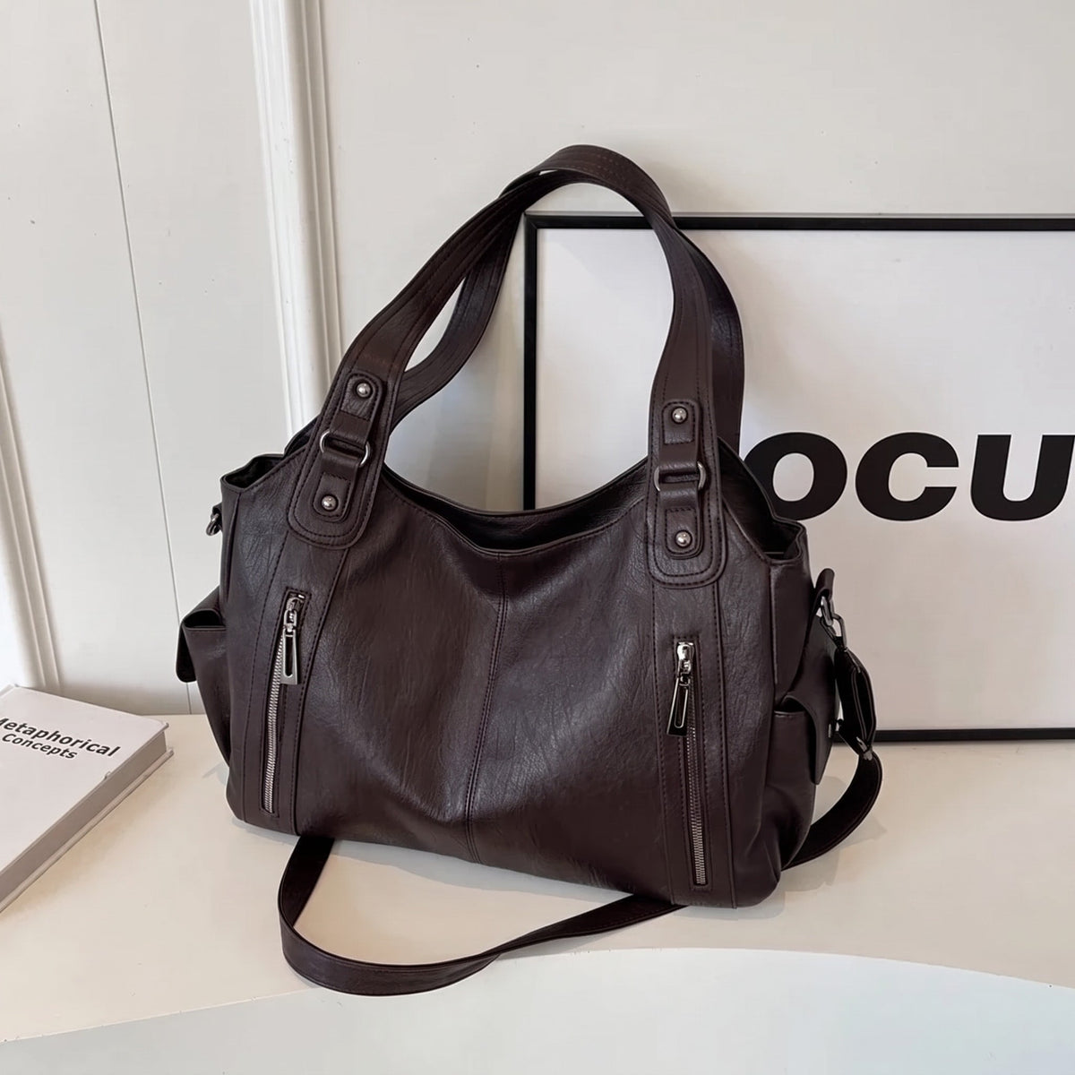 Elise - Women's Slouchy Shoulder Tote Bag with Multiple Zip Pockets - Tote Bags - Brown - Sarvento