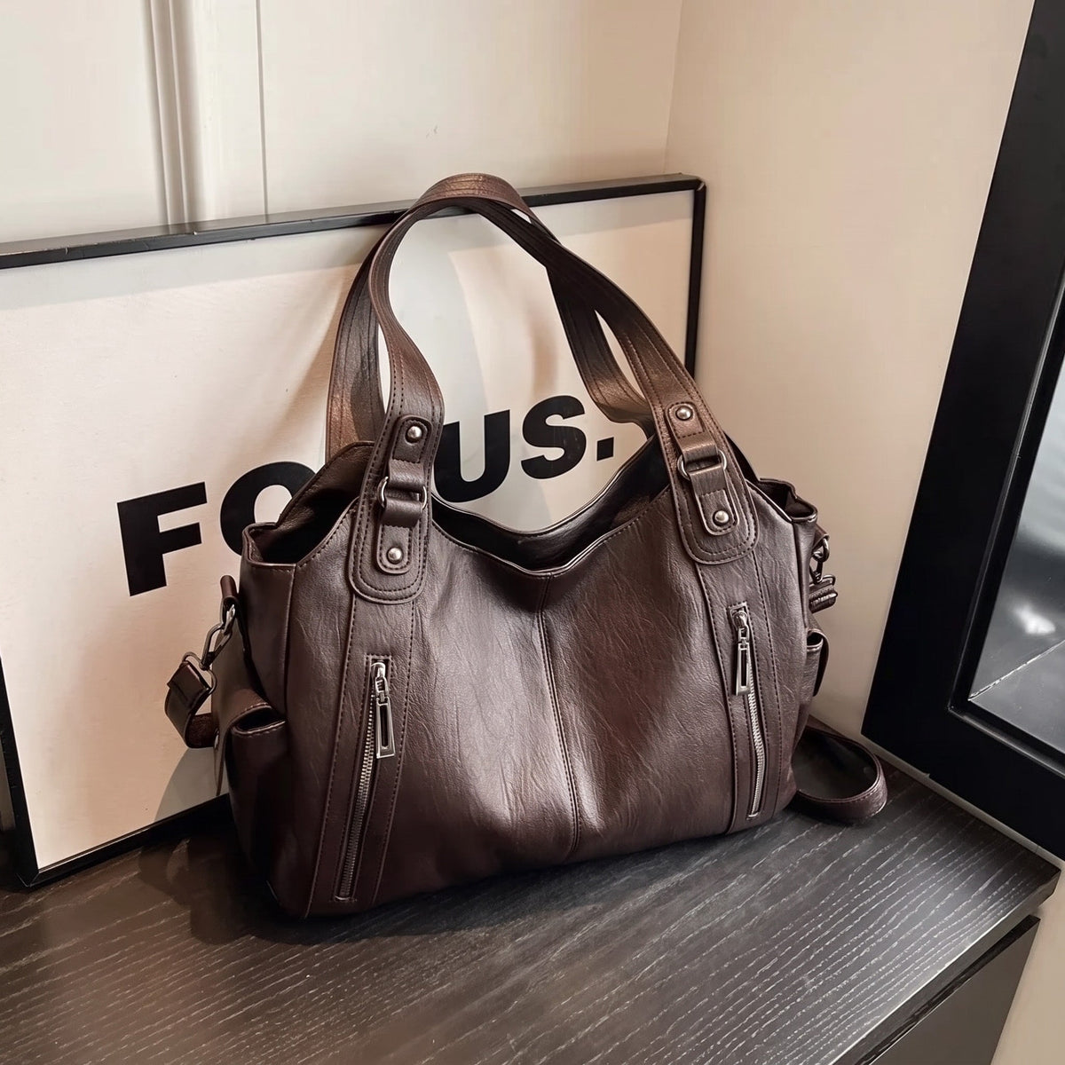 Elise - Women's Slouchy Shoulder Tote Bag with Multiple Zip Pockets - Tote Bags - Brown - Sarvento
