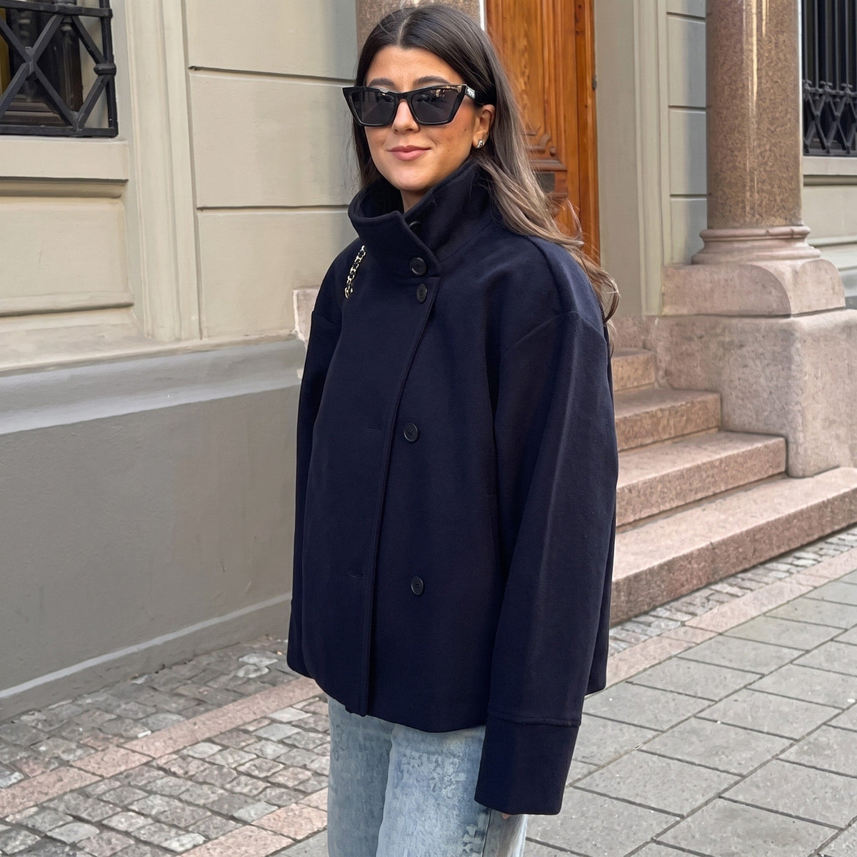 Elise - Women's Transitional Oversized Stand Collar Button-Front Jacket - Coats & Jackets - Navy Blue - Parker&Brooks
