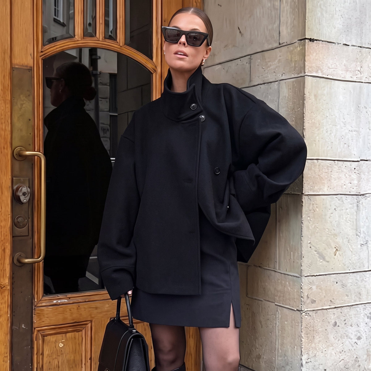Elise - Women's Transitional Oversized Stand Collar Button-Front Jacket - Coats & Jackets - Black - Parker&Brooks