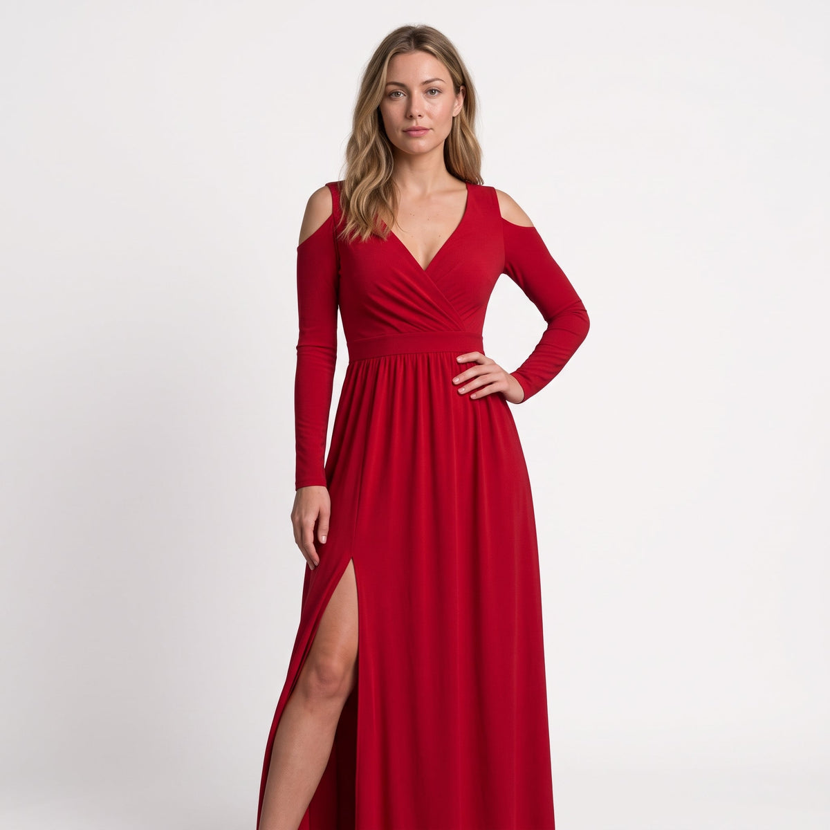 Elora - Women's Wedding Guest Cold-Shoulder Wrap Maxi Dress with Thigh Slit - Dresses - Red - Sarvento