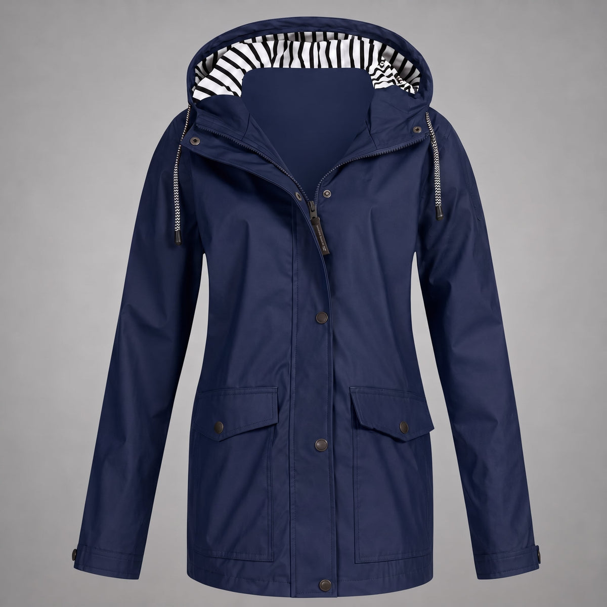 Emily - Women's Hooded Rain Jacket with Drawstring Hem - Rain Coat - Navy Blue - Parker&Brooks