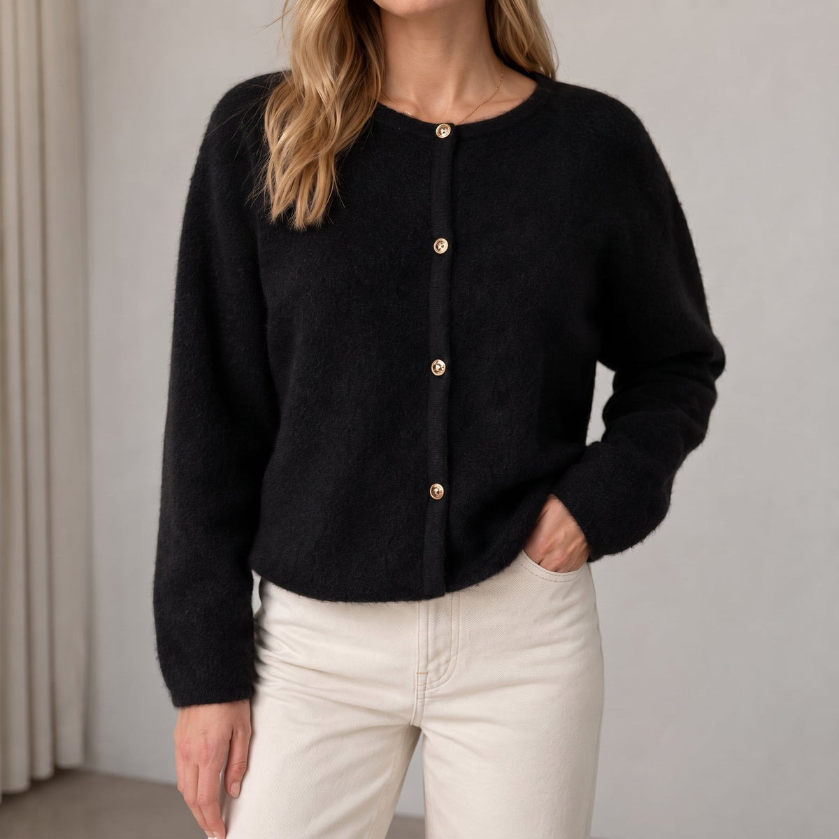 Emily - Women's Textured Cardigan with Button Front - Cardigans - Black - Parker&Brooks