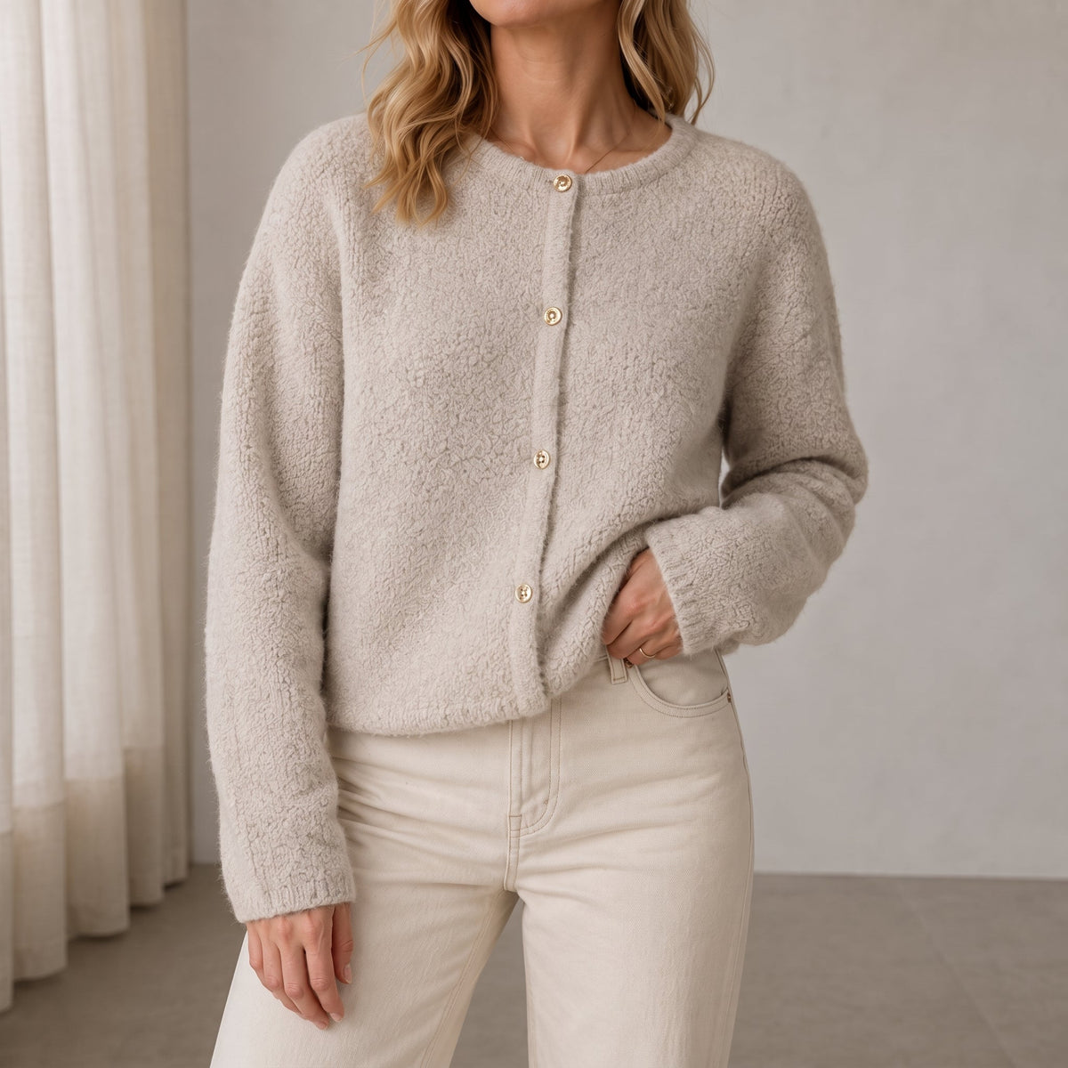Emily - Women's Textured Cardigan with Button Front - Cardigans - Beige - Parker&Brooks