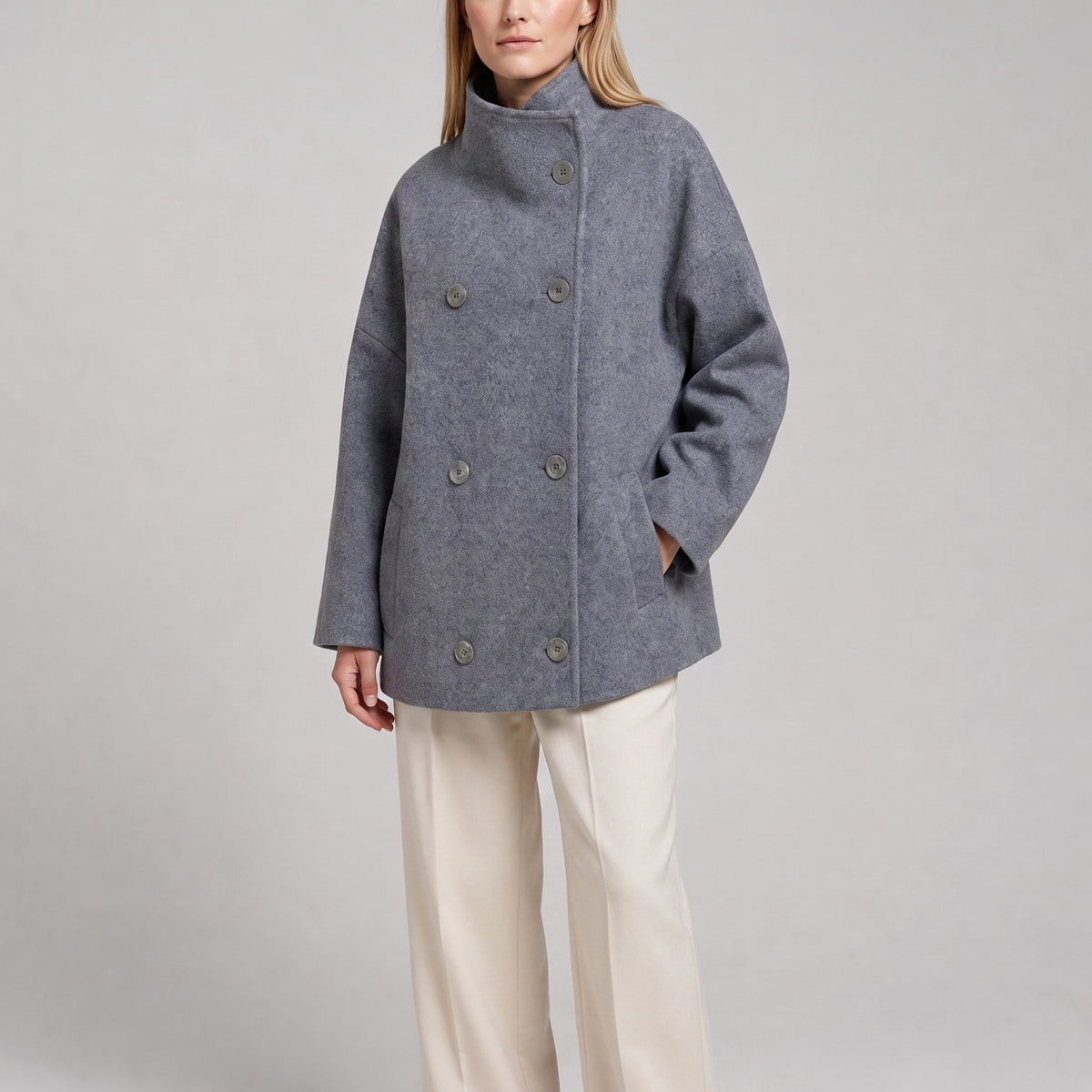 Emma - Women's Cropped Pea Coat with Stand Collar - Pea Coats - Gray - Parker&Brooks