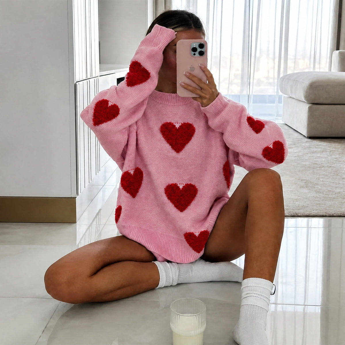 Emma - Women's Oversized Heart Print Knit Sweater - Sweaters - White - Parker&Brooks