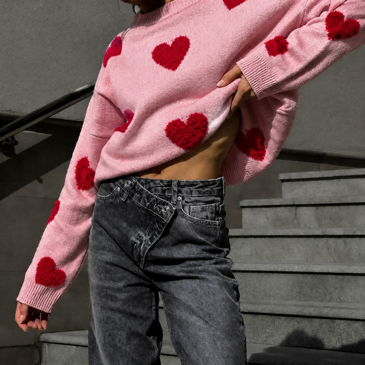 Emma - Women's Oversized Heart Print Knit Sweater - Sweaters - White - Parker&Brooks