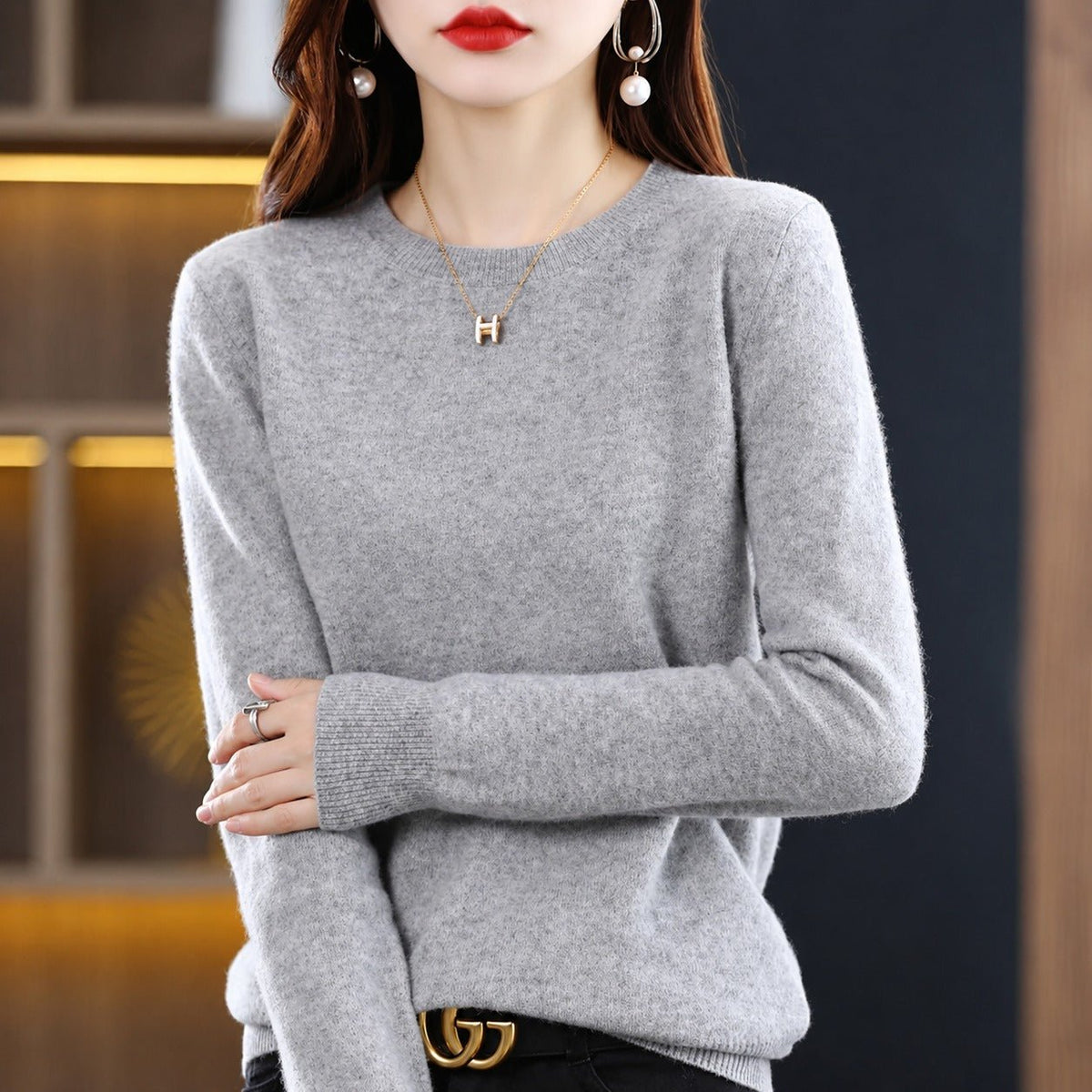 Erica - Women's Crew Neck Sweater with Ribbed Trim - Sweater - Gray - Parker&Brooks