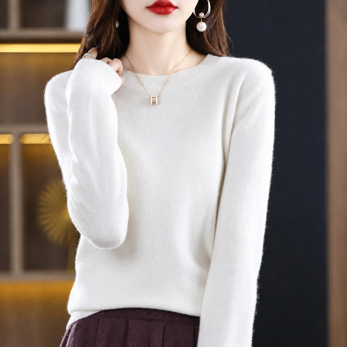 Erica - Women's Crew Neck Sweater with Ribbed Trim - Sweater - White - Parker&Brooks