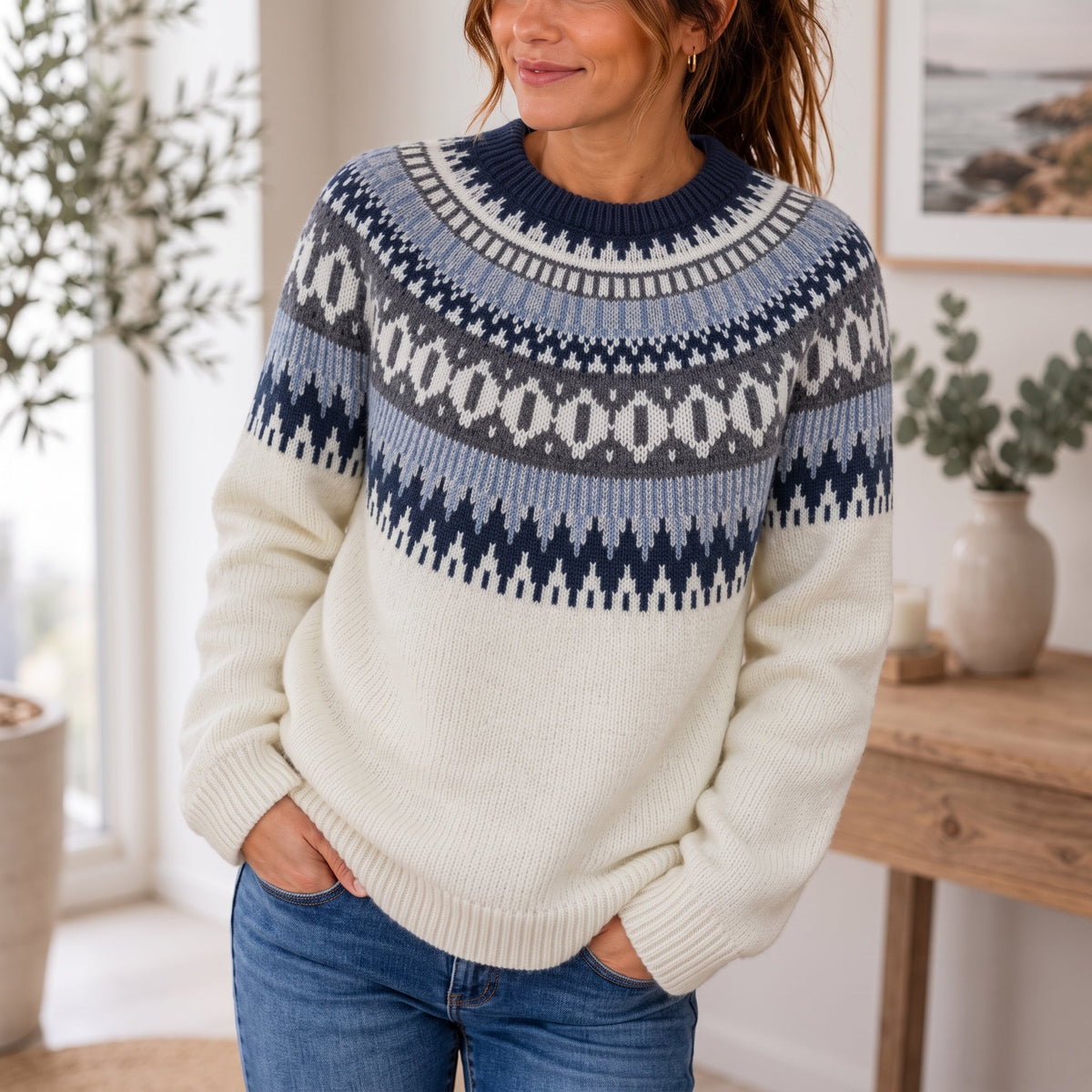 Estelle - Women's Fair Isle Crew Neck Sweater with Ribbed Trim - Sweaters - White - Parker&Brooks