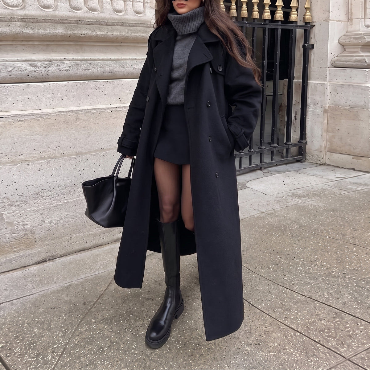 Évienne - Women's Double-Breasted Belted Longline Trench Coat - Trench Coats - Black - Sarvento