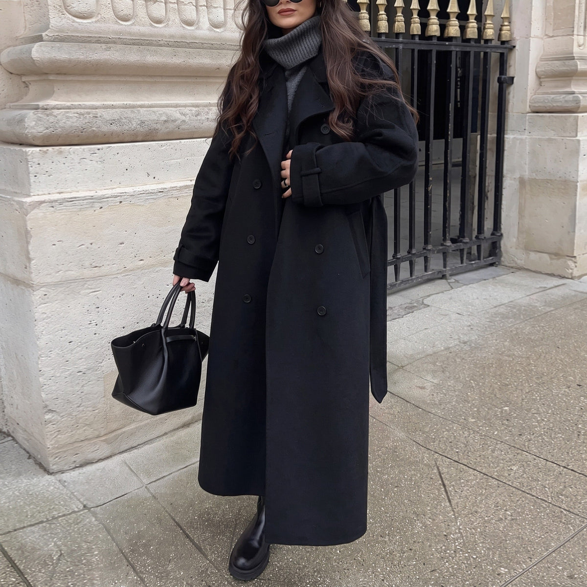 Évienne - Women's Double-Breasted Belted Longline Trench Coat - Trench Coats - Black - Sarvento