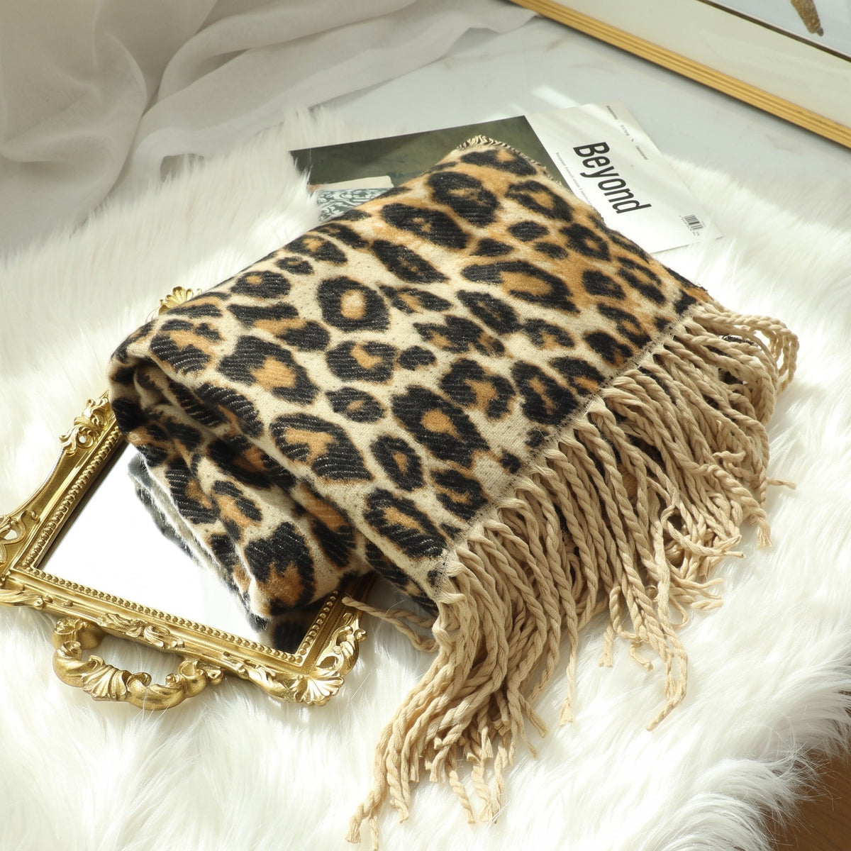 Evienne - Women's Leopard Print Fringe Scarf with Tassel Trim - Scarves & Shawls - Sarvento