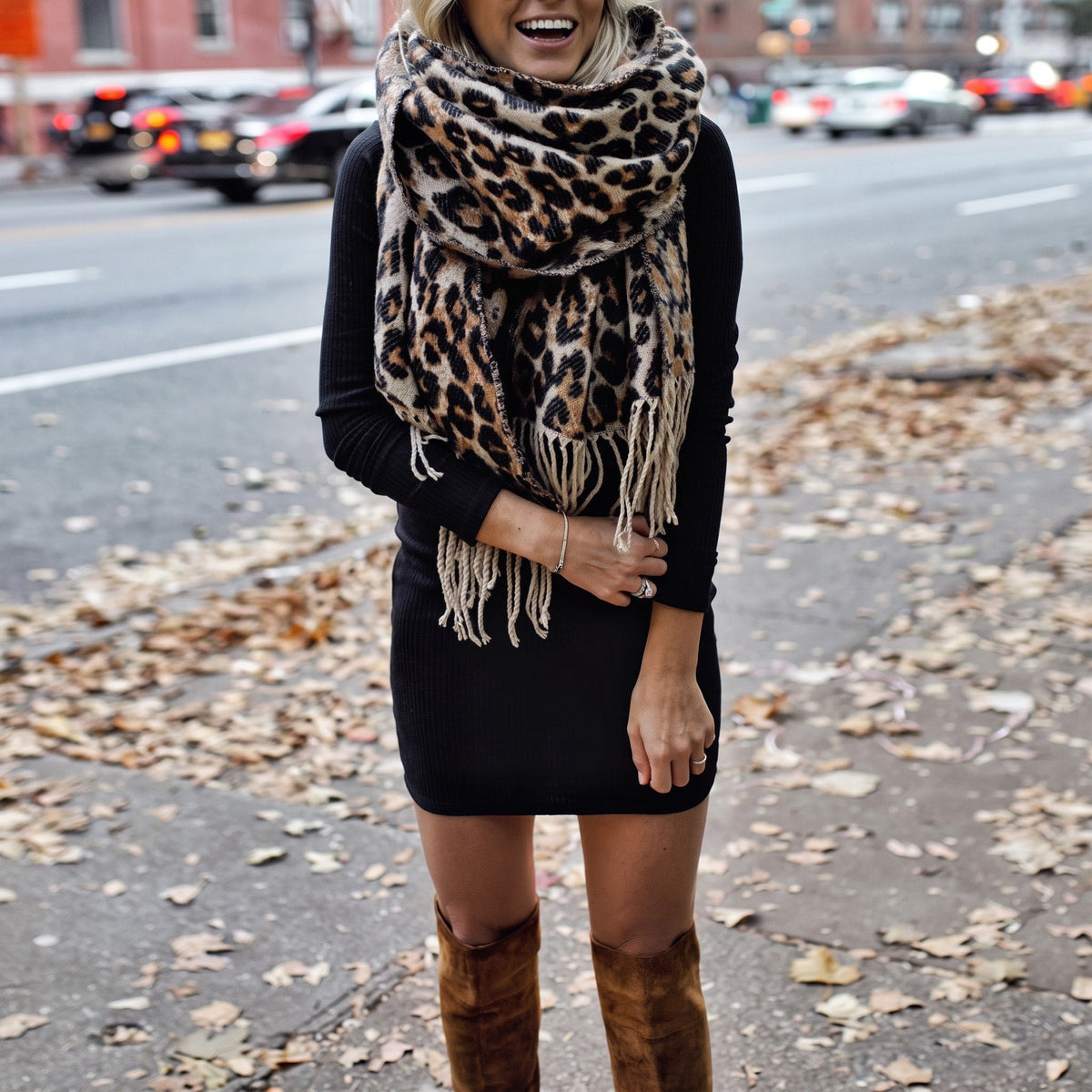 Evienne - Women's Leopard Print Fringe Scarf with Tassel Trim - Scarves & Shawls - Sarvento