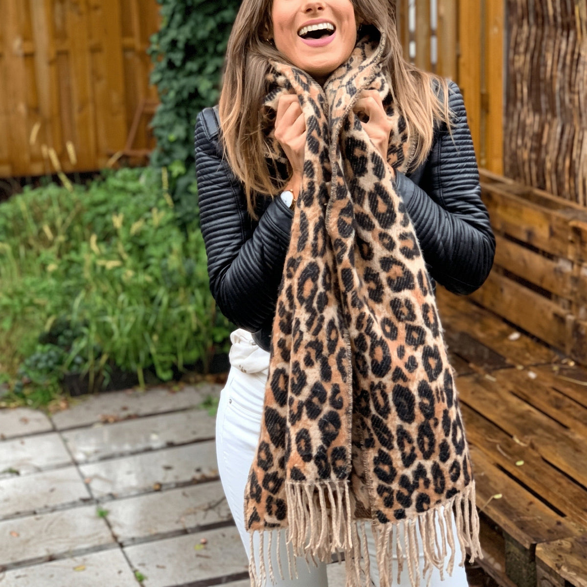Evienne - Women's Leopard Print Fringe Scarf with Tassel Trim - Scarves & Shawls - Sarvento