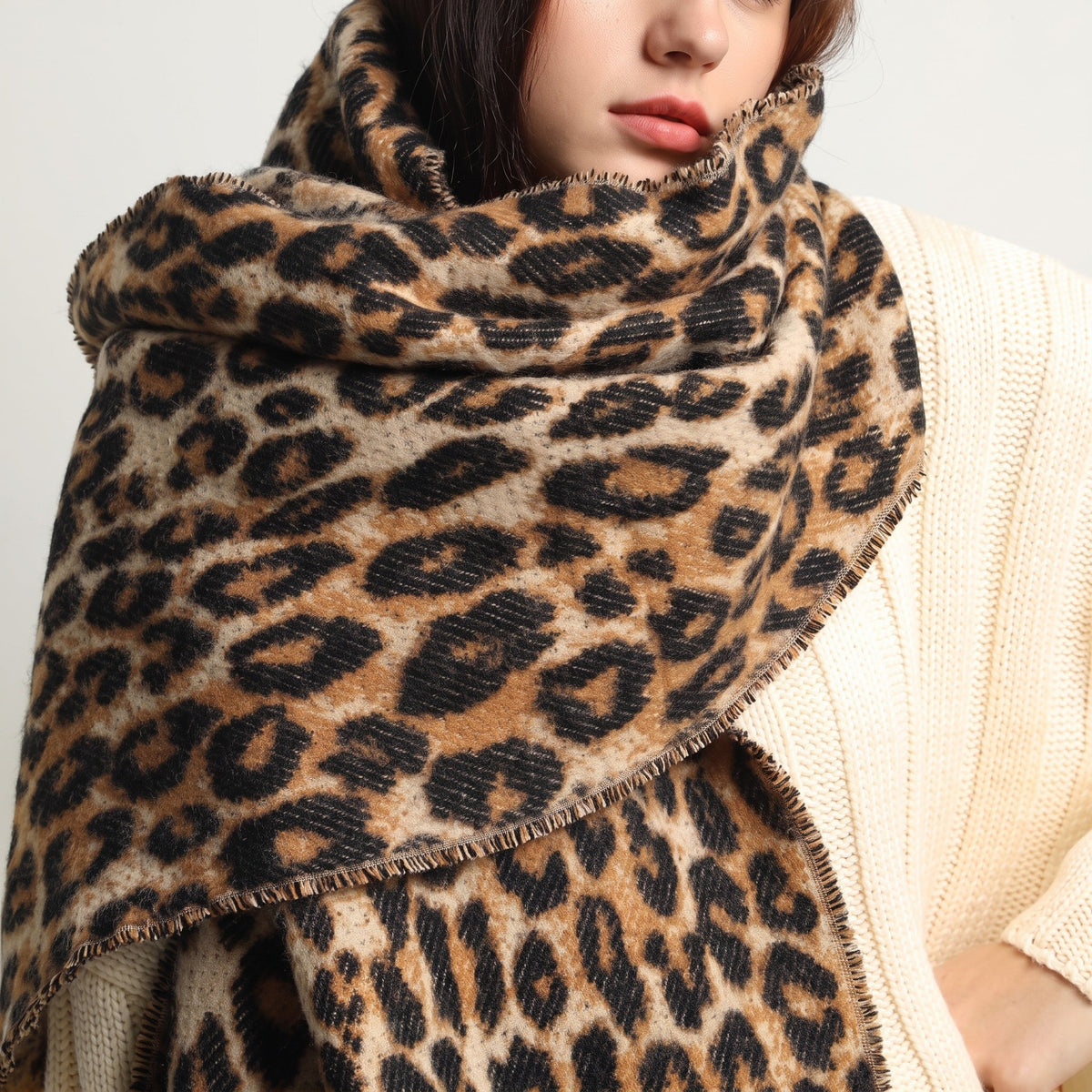 Evienne - Women's Leopard Print Fringe Scarf with Tassel Trim - Scarves & Shawls - Sarvento