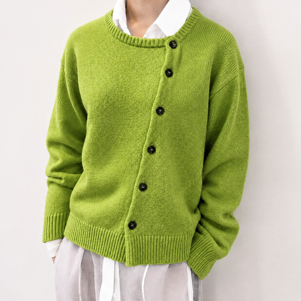 Fia - Women's Asymmetric Button Front Cardigan with Ribbed Trim - Cardigans - Green - Parker&Brooks