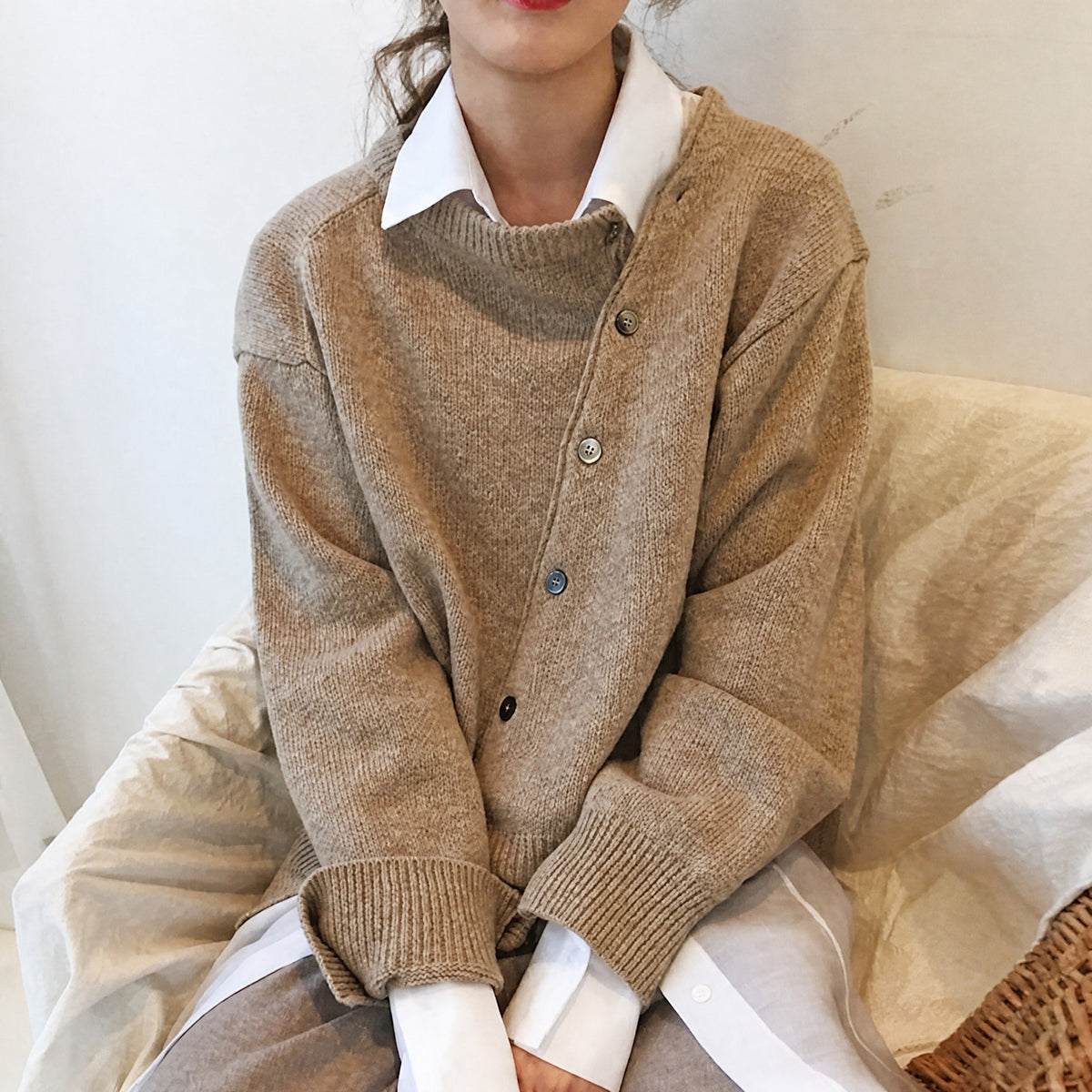 Fia - Women's Asymmetric Button Front Cardigan with Ribbed Trim - Cardigans - Khaki - Parker&Brooks