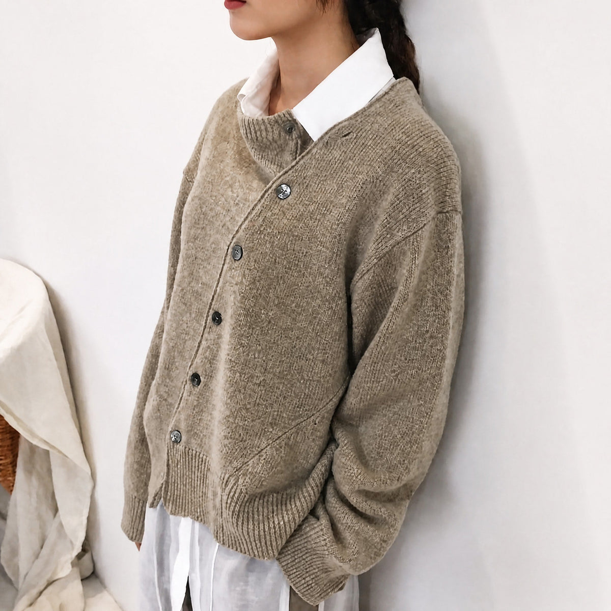 Fia - Women's Asymmetric Button Front Cardigan with Ribbed Trim - Cardigans - Khaki - Parker&Brooks