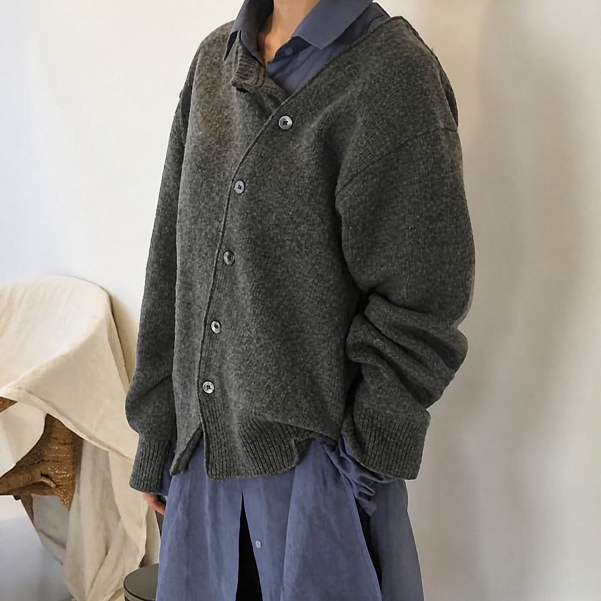 Fia - Women's Asymmetric Button Front Cardigan with Ribbed Trim - Cardigans - Gray - Parker&Brooks