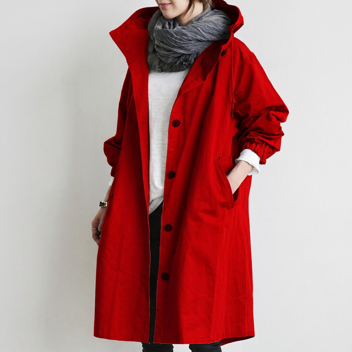 Freya - Women's Hooded Longline Trench Coat with Drawstring Hoodie - Trench Coats - Red - Parker&Brooks