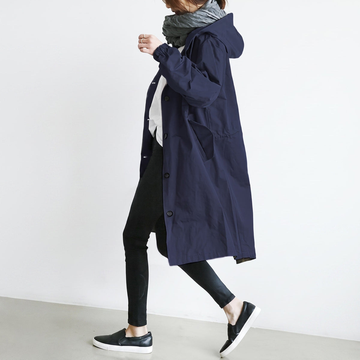 Freya - Women's Hooded Longline Trench Coat with Drawstring Hoodie - Trench Coats - Navy Blue - Parker&Brooks