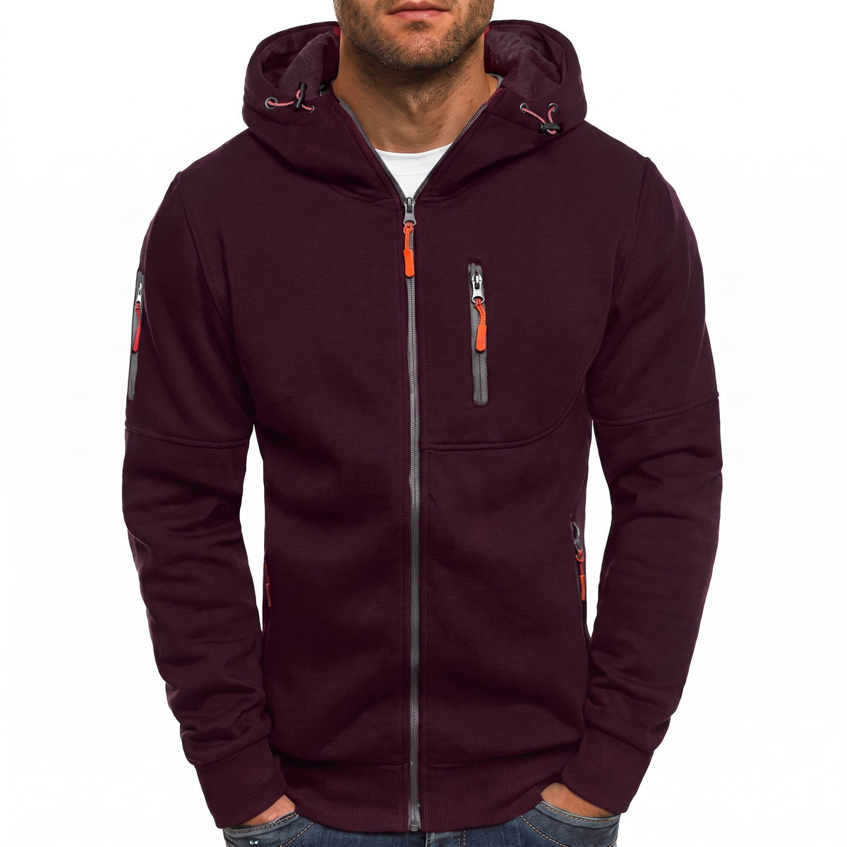 Friedrich - Men's Ribbed Cuff Multi-Pocket Contrast Zip Hoodie - Hoodies - Red - Parker&Brooks