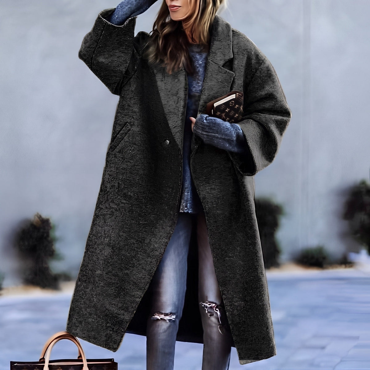 Gabriela - Women's Oversized Longline Wool Coat with Notched Lapel - Coats & Jackets - Black - Sarvento