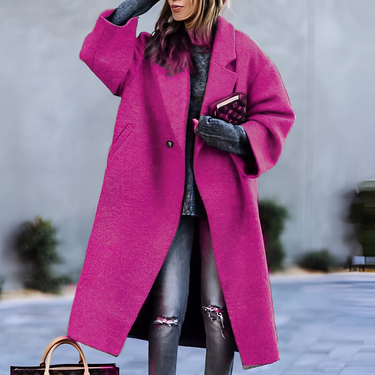 Gabriela - Women's Oversized Longline Wool Coat with Notched Lapel - Coats & Jackets - Pink - Sarvento