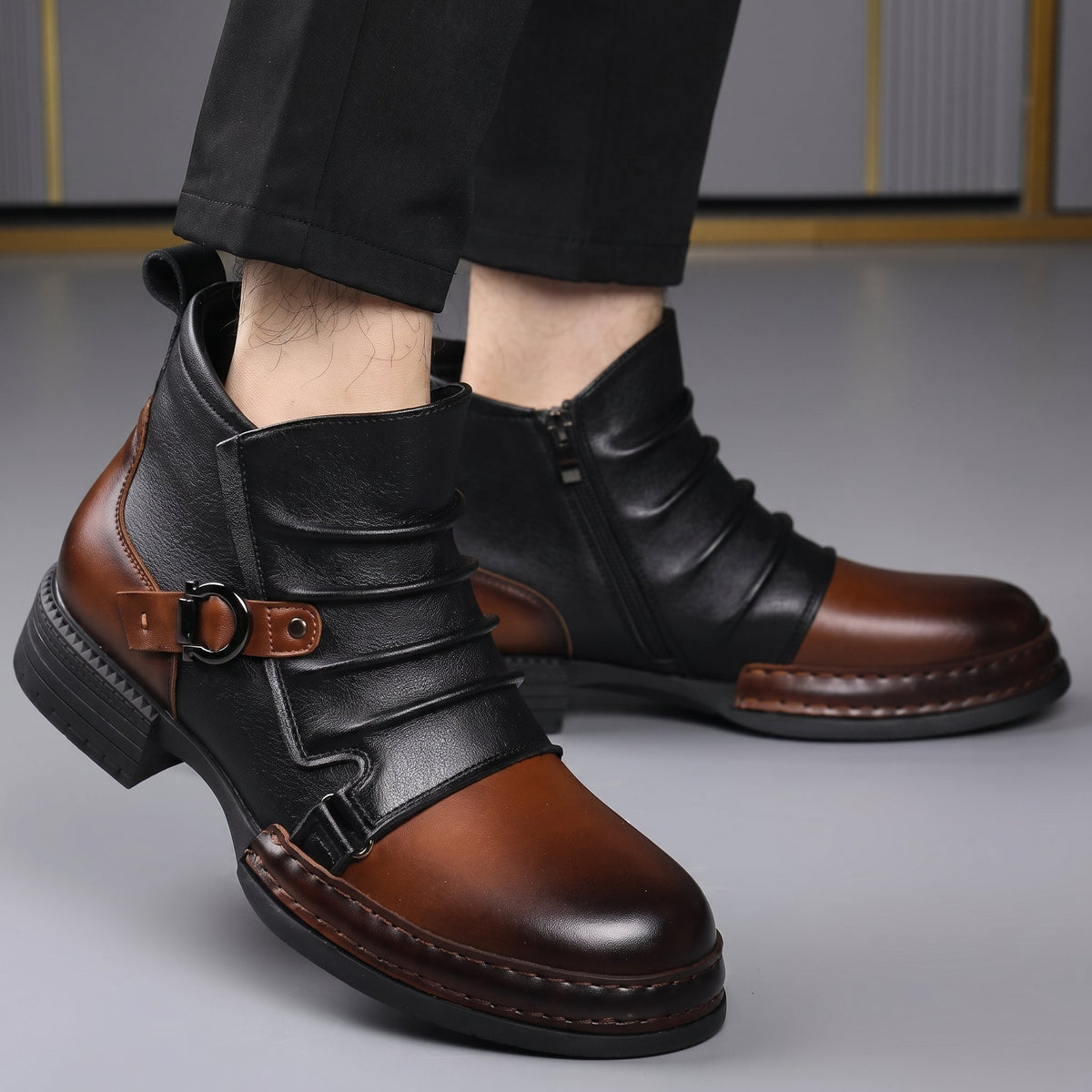 George - Men's Gradient Ankle Boots with Buckle Strap - Boots - Black - Parker&Brooks