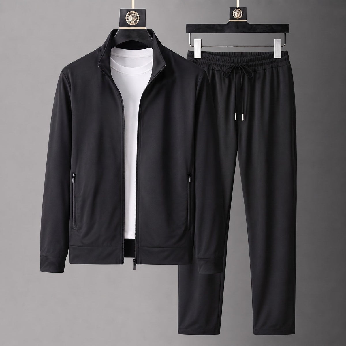 George - Men's Zip-Up Two-Piece Tracksuit Set with Stand Collar - Outfit Sets - Black - Parker&Brooks