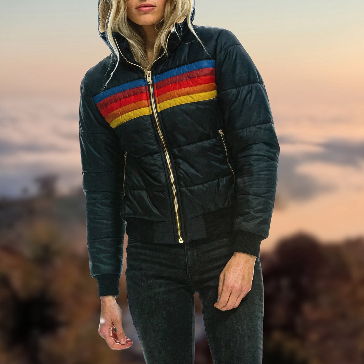 Georgia - Women's Hooded Striped Color-Block Puffer Jacket with Zip Pockets - Puffer Jacket - Black - Sarvento