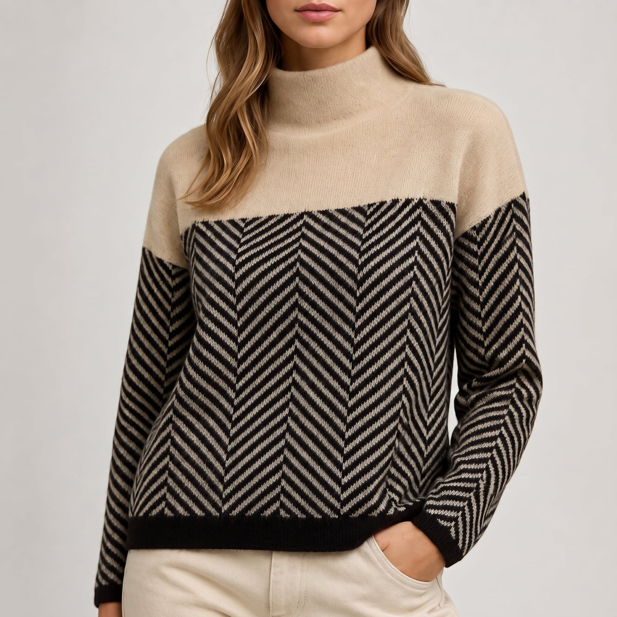 Grace - Women's Chevron Turtleneck Sweater with Color-Block Design - Sweaters - Beige - Parker&Brooks