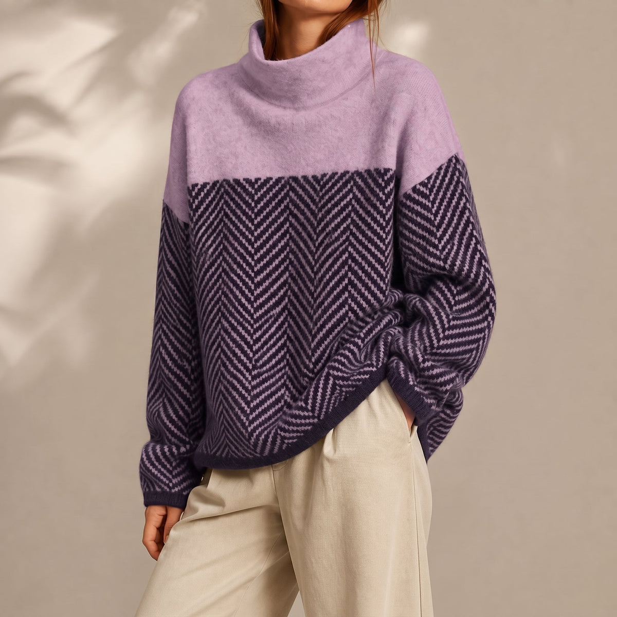 Grace - Women's Chevron Turtleneck Sweater with Color-Block Design - Sweaters - Purple - Parker&Brooks